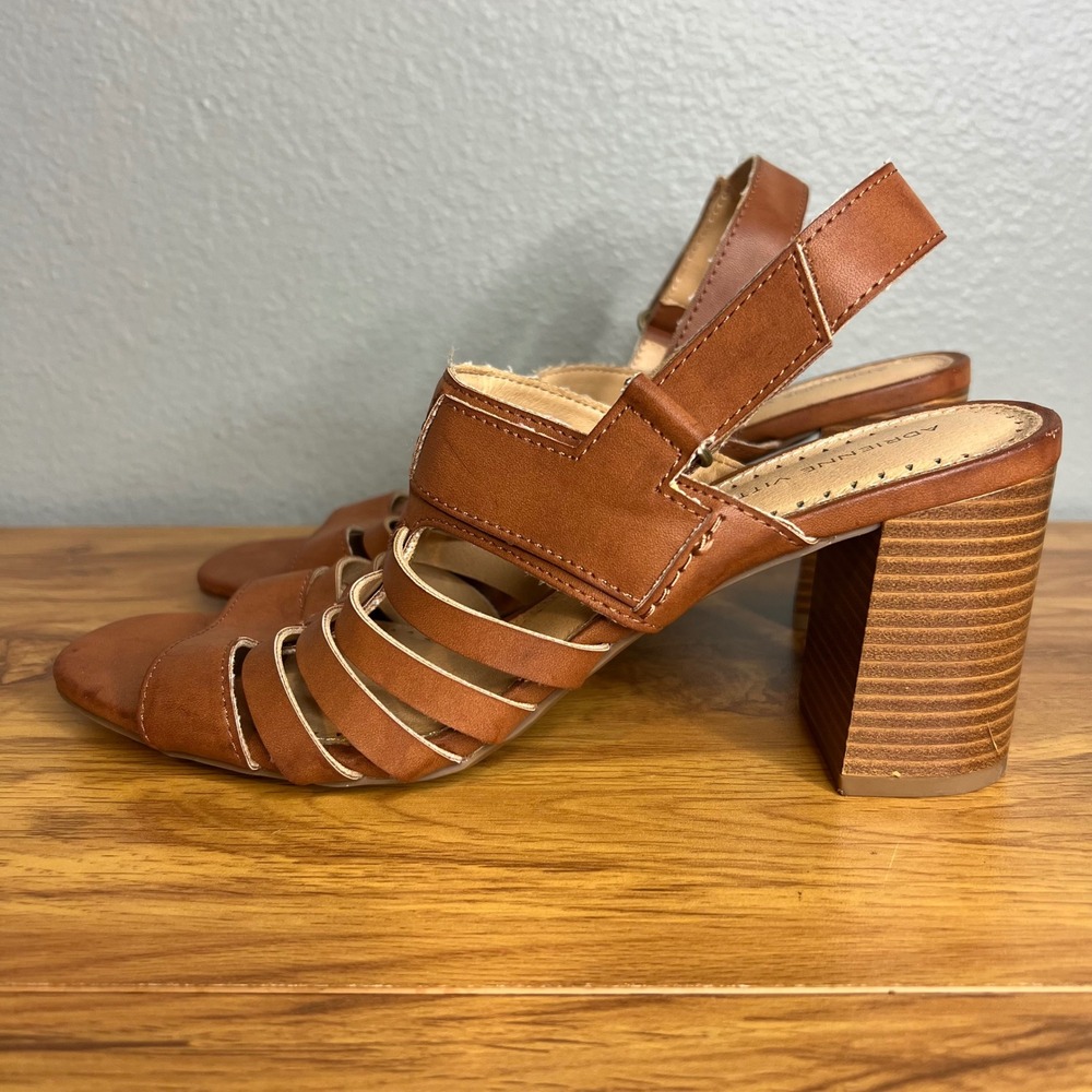 Adrienne Vittadini Albar Heel Sandals Size 9 Cognac Brown Caged Slingback‎ NEW